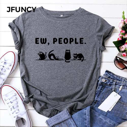 JFUNCY Plus Size 5XL Women Tee Shirt 100% Cotton Short Sleeve Casual Female Tshirt Cute Cat Print T-shirt Woman Summer Loose Top