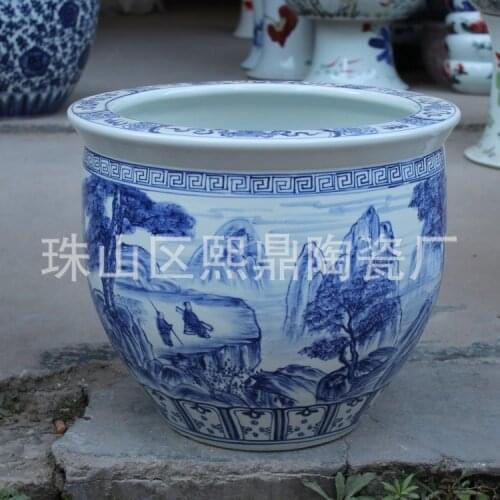 Jingdezhen high-end hand-painted antique blue and white landscape modern home decoration ceramic pots aquarium tank ornaments
