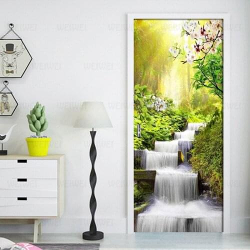 Door Mural Wrap Forest Waterfall Landscape Pattern Door Sticker Eco-friendly Door Home Decor Sticker Self-adhesive Wall Sticker