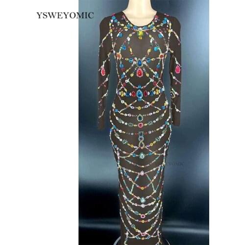 New Style Multi-color Rhinestones Transparent Long Dress Bar Birthday Outfit Dress Women Dance Celebrate Show Dress