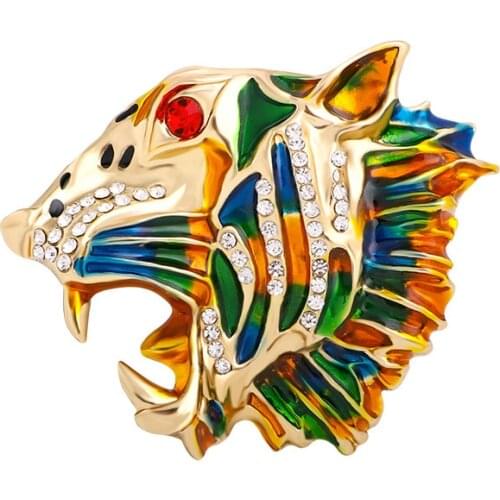New Vintage Colorful Head Tiger Animal Brooch Enamel Rhinestone Crystal Laprl Pins and Brooches for Women and Men Accessories