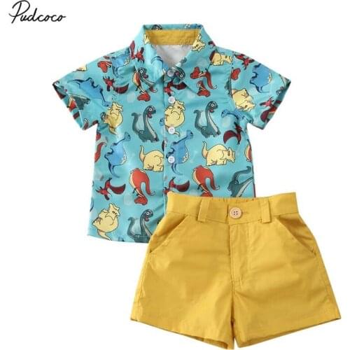 2020 Gentleman 2Pcs For 1-6Y Boys Cartoon Dinasour Print Shirt TopsShorts 2Pcs Toddler Kids Baby Boy Clothes Outfits School Suit