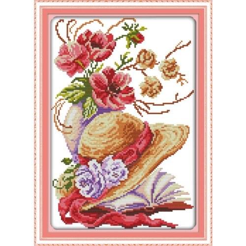 Joy Sunday Poppy Flower Hat Counted Cross Stitch Kits11&14CT DIY Cross Stitch Embroidery Needlework for Home Decor Handmade Gift
