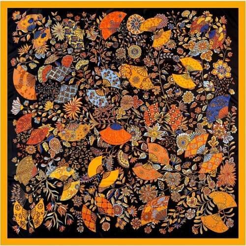 130cm Big Square Scarf Brand Design Fan Luxury Twill 100% Silk Scarf Women Scarves For Ladies Fashion Kerchief Shawl Echarpe