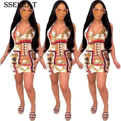SSEURAT Women Mini Dress Print Sleeveless Spaghetti Strap V-neck Sheath Elastic Above Knee Dresses Sexy Night Dress
