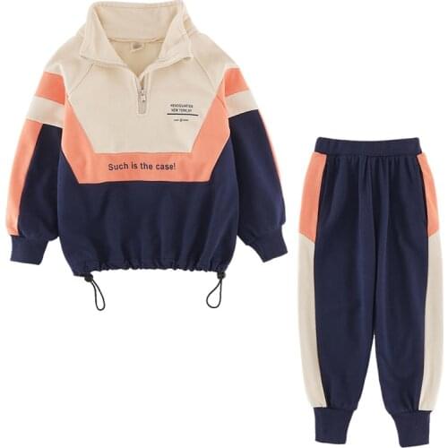 Girl spring sports two piece set Girl letter pattern sweatshirt two-piece suit Girl stitching pullover sweater pants casual suit