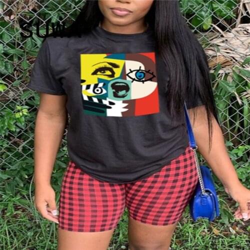 Vintage Casual Summer Women Sets Clothes Plus Size 5XL Printed Loose Black Classic T-Shirt Top And High Waist Skinny Shorts