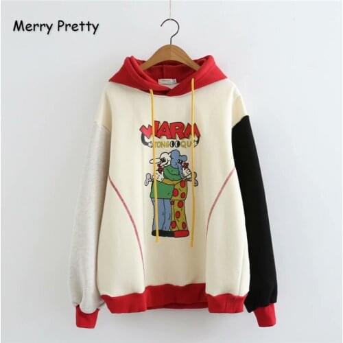 Merry Pretty Womens Cartoon Print Funny Hoodies Sweatshirts 2020 Winter Long Sleeve Patchwork Contrast Color Hooded Pullovers
