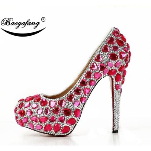 BaoYaFang 2019 New arrive Fucshia Pink crystal Ladies Wedding shoes Bride High heels Platform shoes party dress shoes woman