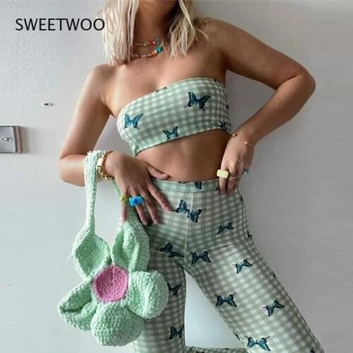 2021 Summer New Two-Piece Fashion Streetwear Butterfly Print Tube Top Vest High Waist Flared Pants Casual Suit Women