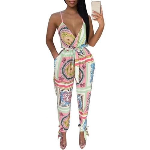 Cropped Jumpsuit Ethnic Print Spaghetti Strap Women V Neck Waist Tied Ankle Tied Jumpsuit for Vacation Female jumpsuit Black xxl