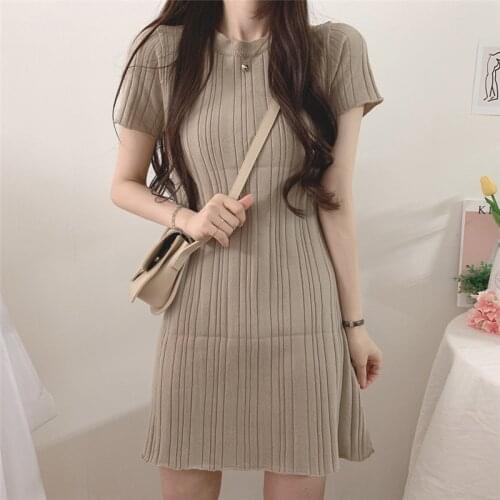 Elegant Short Sleeve Knitted Dress Women Purple A-line Dress Female Korean 2021 New Summer O Neck Vestidos Ladies Casual Fashion
