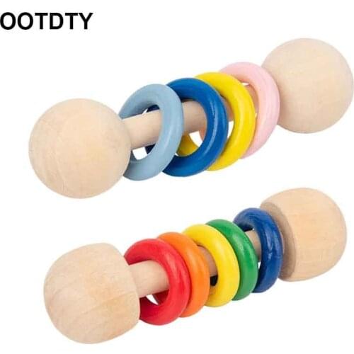 1PC Baby Teether Toys Wooden Rattle Wood Teething Rodent Ring Chew Play Gym Montessori Stroller Toy