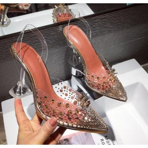 2020 New Rivet Diamond Transparent Pointed Toe Pumps Strange Heels Female Cover Heel Party Wedding Ladies Plus Size 35-41