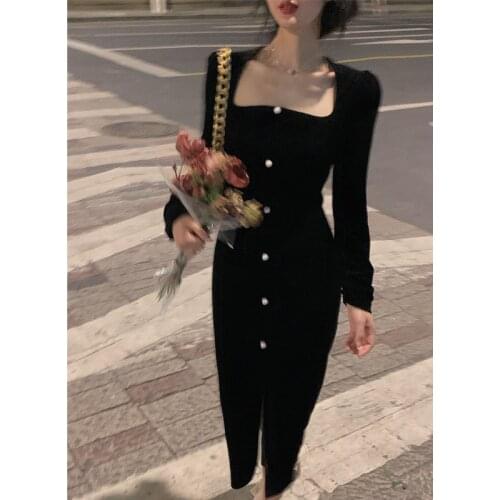 Black Evening Party Midi Dress Women Long Sleeve Slim Gothic Vintage Elegant Dress Office Lady 2021 Autumn One Piece Dress Korea