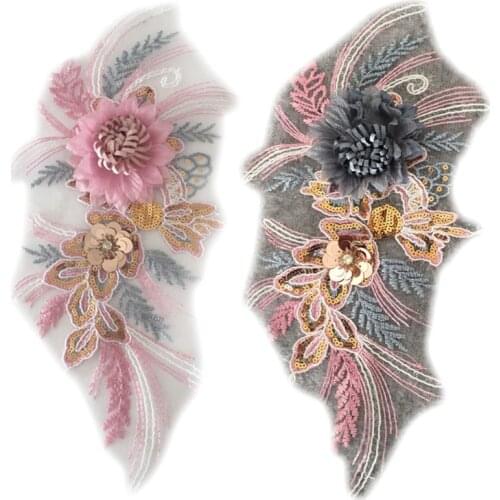 Colorful 3D Flower Lace Rhinestone Sequin Embroidered Gown Appliques Collar Sew Patch For Wedding Decoration DIY