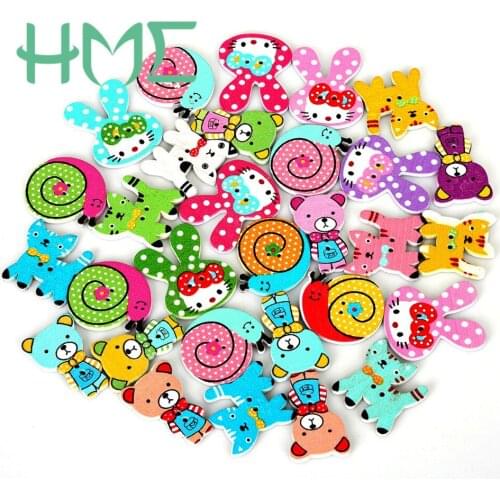 50Pcs/lot 2Holes Random Mixed Cartoon Animals Single-Sided Printed Wooden Buttons Bead For DIY Wood Sewing Button Snail