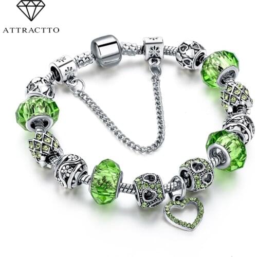 ATTRACTTO 2019 Fashion Crystal Heart charm Bracelets&Bangles For Women Diy Silver Color Charm Pulsera Green Bracelets SBR160267