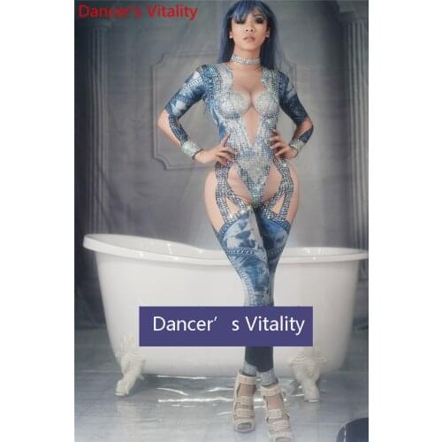 Bar Nightclub Singer Model Pole Jazz DS Fashion Denim Printing Diamond Stretch Bottoming Long Catsuit Stage Wear Performance Set
