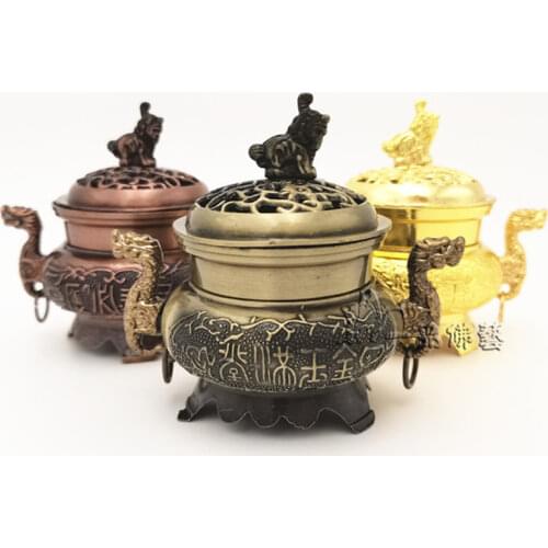1Pc Chinese Style Antique Alloy With Lid Aroma Stove Double Dragon Incense Burner Buddhist Religious Home Incense Stove Supplies