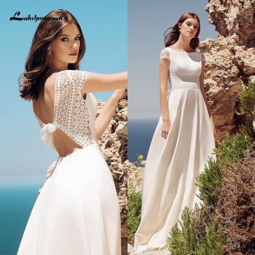 Lakshmigown Simple Satin Wedding Dress 2021 Vestido Novia Scoop Neck Bohemian Bridal Dress Elegant Robe de mariee Cap Sleeve
