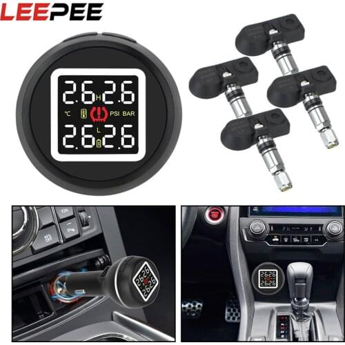 LEEPEE TPMS Cigarette Lighter Type Car Tire Pressure Monitoring System with 4 Internal Sensors Save Fuel High Temperature Alarm