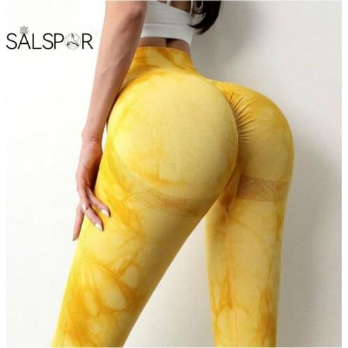 SALSPOR Women Sexy Tie-Dye Leggings Fitness High Waist Bubble Butt Legging Seamless Push-Up Pants Gym Workout Running Sportswear