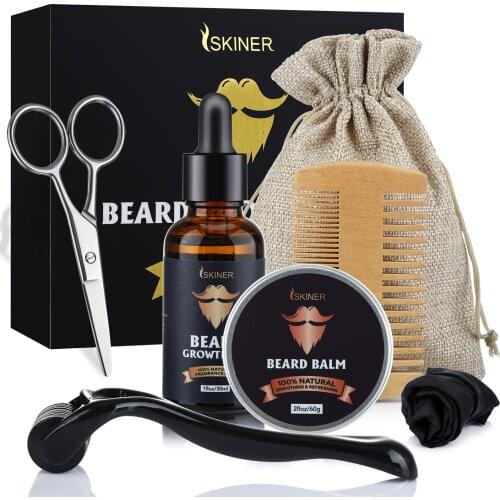 5pcs The Men Beard Oil Growth Kit Beard Roller Balm Hair Scissors Comb Brush Set Barba Traitements Thicker Nourishing Products