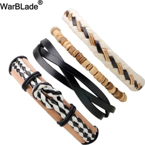 WarBLade 2018 New Fashion Men Leather Bracelets Multilayer Charm Wood Beads Bracelet Bangle Punk Wrap Wristband For Women 5pcs