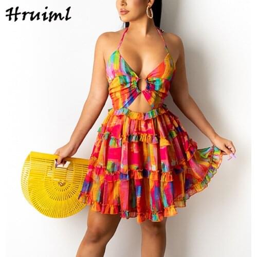 New Beach Dress Sexy Deep V-neck Halterneck Dresses Slim Female Pleated Summer Backless Print Casual Mini Dress Kobieta Sukienka