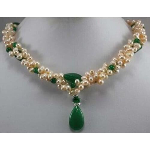 Wholesale 3 rows pink Akoya Cultured Pearl green jade Love drops tears Pendants Necklace