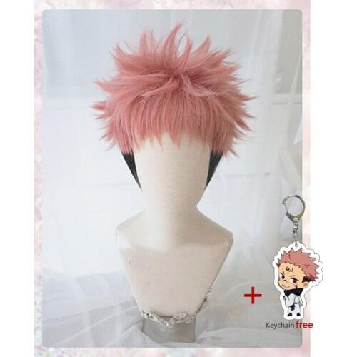 Anime Jujutsu Kaisen Yuji Itadori Wig Cosplay Costume Heat Resistant Synthetic Hair Men Women Short Wigs With Keychain
