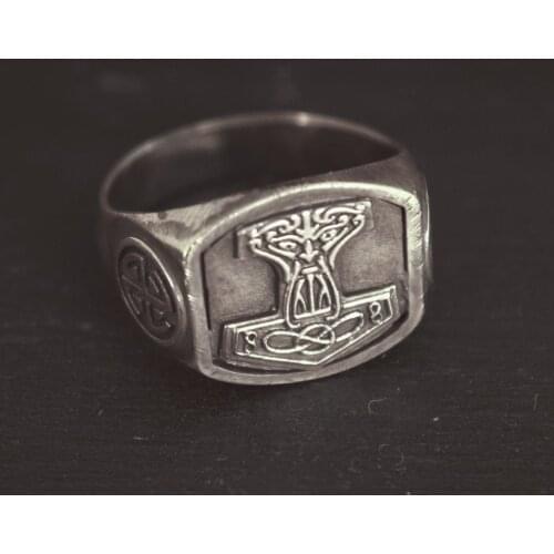 Viking Thor Hammer Signet Ring Mens Stainless Steel Mjolnir Protection Rings Norse Pagan Amulet Jewelry