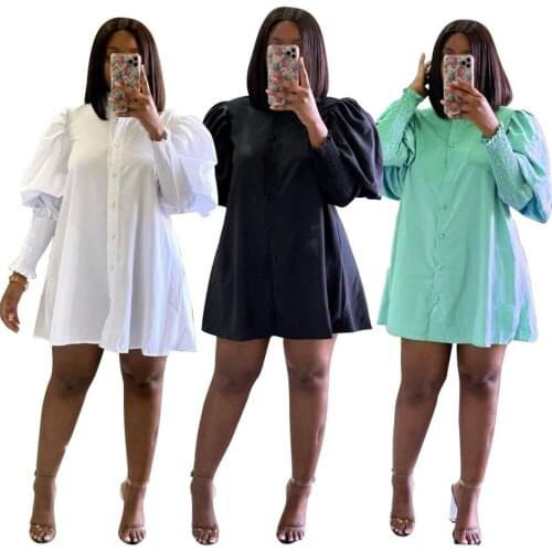 Dresses for Women Fashion Pure Color Round Collar Mid Waist Lantern Sleeve Shirt Dress Casual Clothing Wholesale Dropshipping