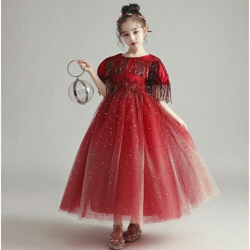 Flower Girl Dresses Illusion Sequined Embroidery O-Neck Princess Floor-Length Lace Tulle Luxury Burgundy Kids Party Gown H353