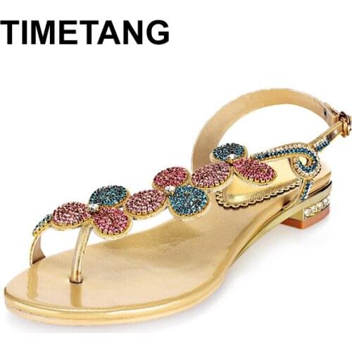TIMETANGRhinestones Gold Rhinestone Diamond Flat Sandals Summer Bohemian Sandals Colorful Shoes Crystal Open Toe Sandals Small