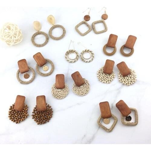 Fashion Multiple Korea Rattan Vine Braid Drop Earrings For Women Geometric Circle Square Handmade Wooden Straw Weave Earrings