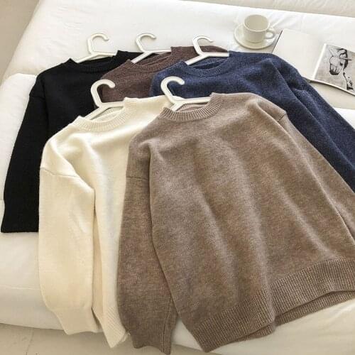 Vintage Solid Winter Korean Women Round Neck Knitted Sweater Pullovers Loose Long Sleeve Ladies Casual Sueter Mujer Female