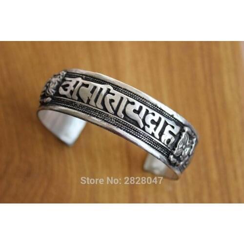 BR424 Vintage Tibetan Silver Antiqued Mantras Weaving Men Bangle Handmade Nepalese 20mm Wide Adjustable Bracelet