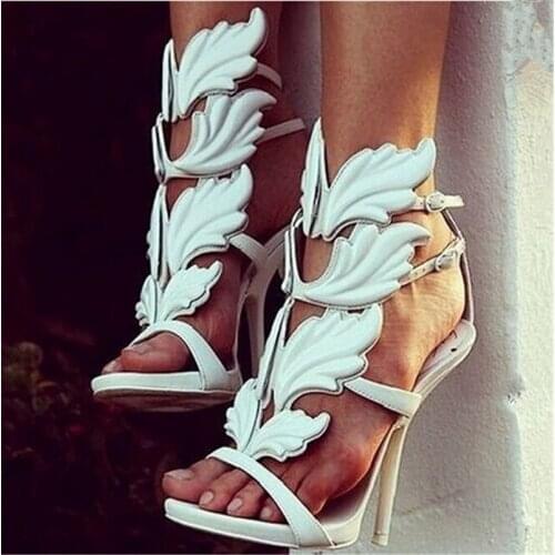 Ladies Shiny Angel Wings High Heel Sandals Women Sexy Leafs Straps Buckle Gladiator Cutout Sandalias Party Stiletto Dress Shoes