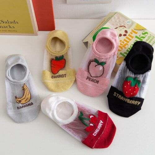 Womens Cotton invisible Socks Slipper Summer Mesh Thin Fruit Print Boat Short Sock Female Silicone No show Ankle Socks for Girl