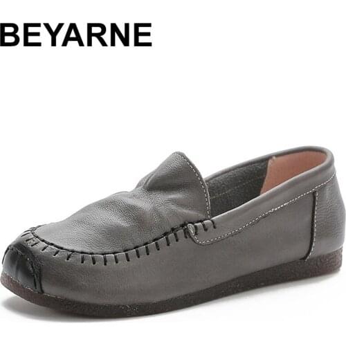 BEYARNE Large Size Flat heeled Womens Shoes with Non-slip Soft Sole Genuine Leather Beanie Shoes Casual Breathable Shoes