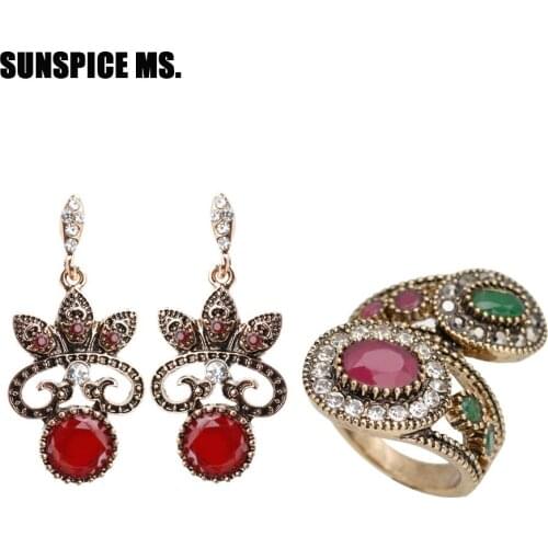 Turkish Retro Vintage Rings Dangle Earrings For Women Antique Gold Color Round Resin Bohemia Ethnic Wedding Jewelry Sets New