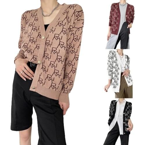 Y2K Womens Autumn Cartoon Pattern Long Sleeve Knitted Sweater Jacket Street Casual V-neck Loose Button Cardigan Sweater Jacket