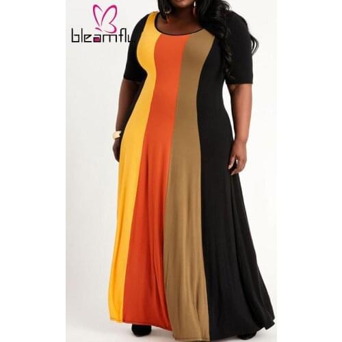 Long Maxi Loose Patchwork Short Sleeve Dress Women Plus Size XL~5XL Striped Printed Vintage Tunique Femme Clothes Dresses