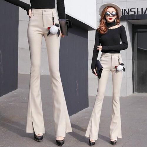 Winter women thick pants Work Casual pants Womens Wool Flare pants slim high waist Woolen pants Office lady OL trousers