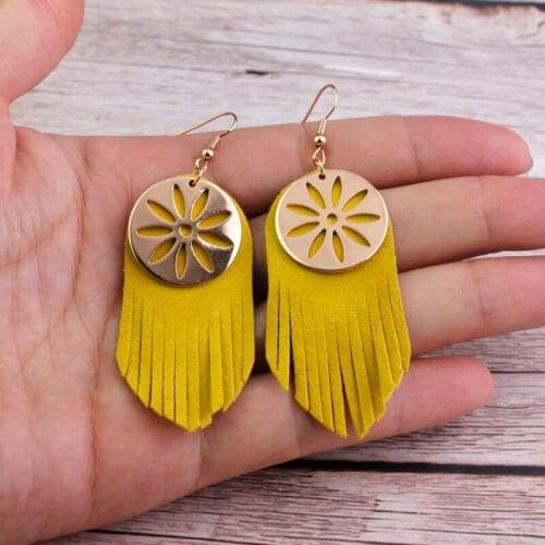 ZWPON Gold Disc Soft Suede Leather Tassel Earrings for Women Leather Fringe Earrings Jewelry Wholesale