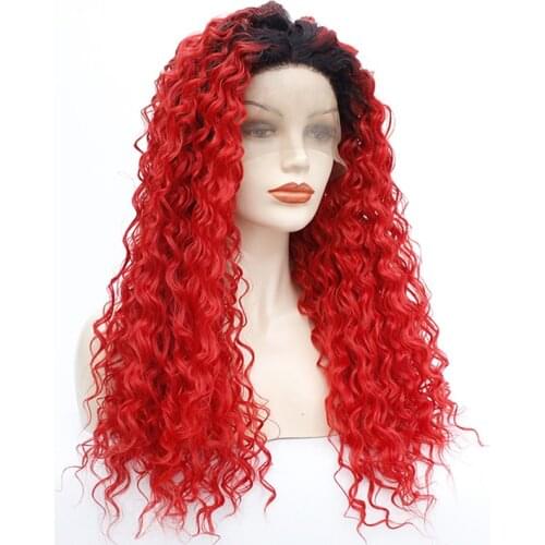 180% Density Hair Long Ombre Bright Red Color Afro Kinky Curly Synthetic Lace Front Wigs Loose Wave for Black Women Cosplay Wig
