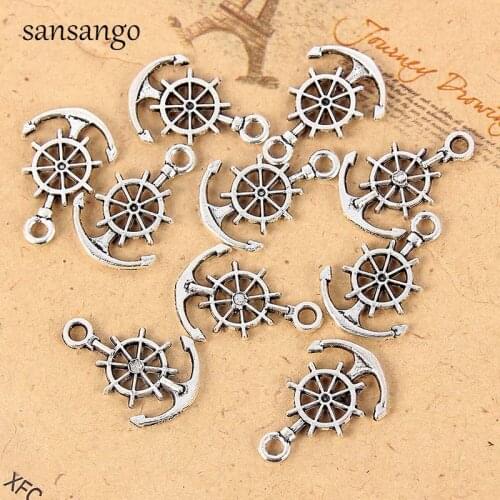 30 Pcs Antique Silver color Rudder Anchor Shape Alloy Charm Pendant For DIY Fashion Jewelry Making Bracelet Accessories