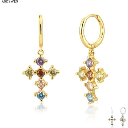 ANDYWEN 925 Sterling Silver Gold Rainbow CZ Cross Pendiente Drop Round Earring 2020 Rock Punk Trends European Circle Earring